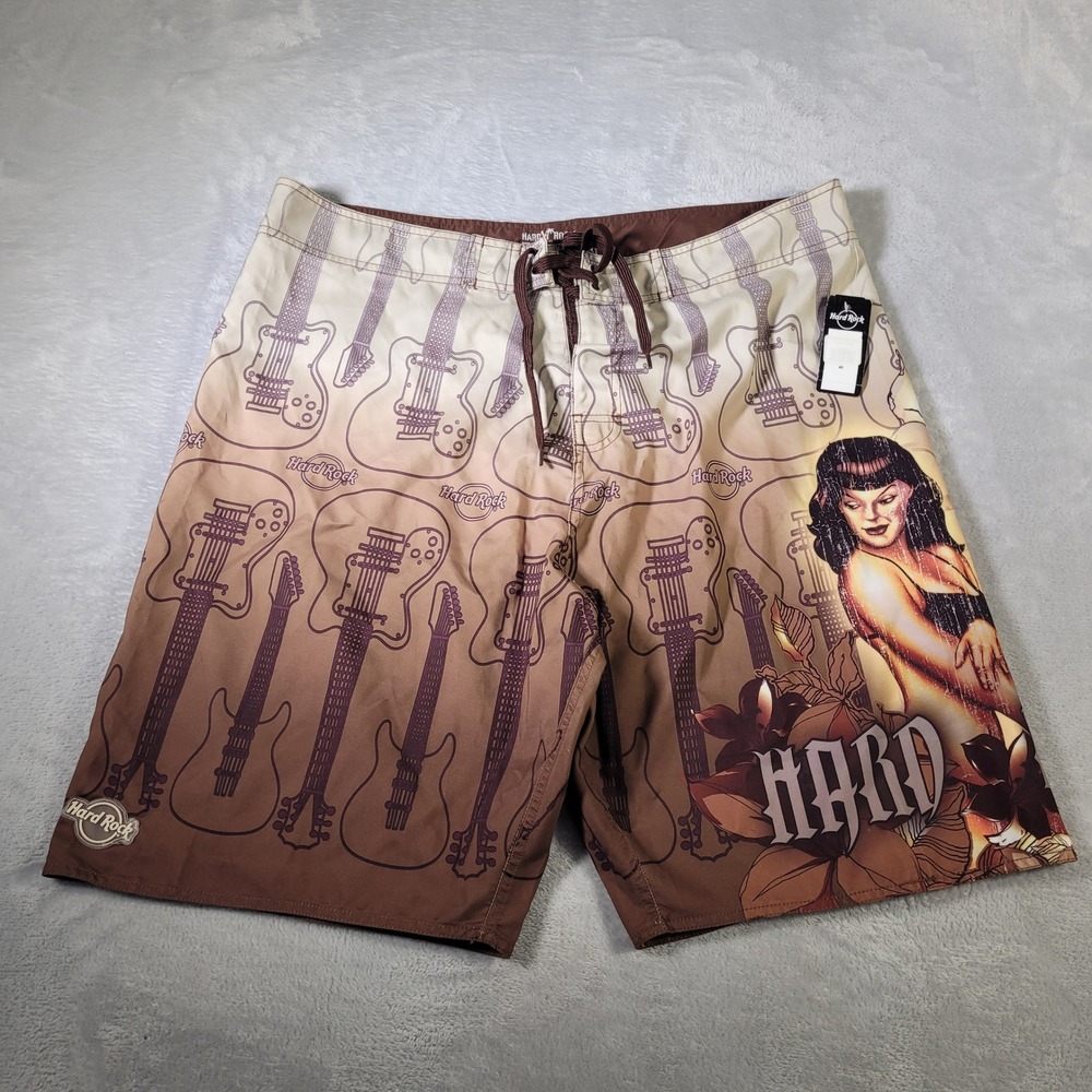 Hard Rock Cafe Board Shorts Mens 40 Brown Vintage Pinup Guitar Swim Trunks NWT